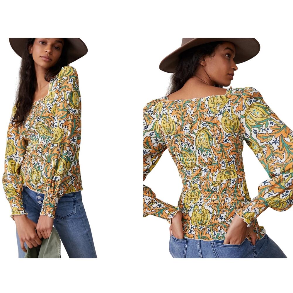 by Anthropologie Sz S Rayna Smocked Top Balloon Long Sleeve Square Neck Bananas‎